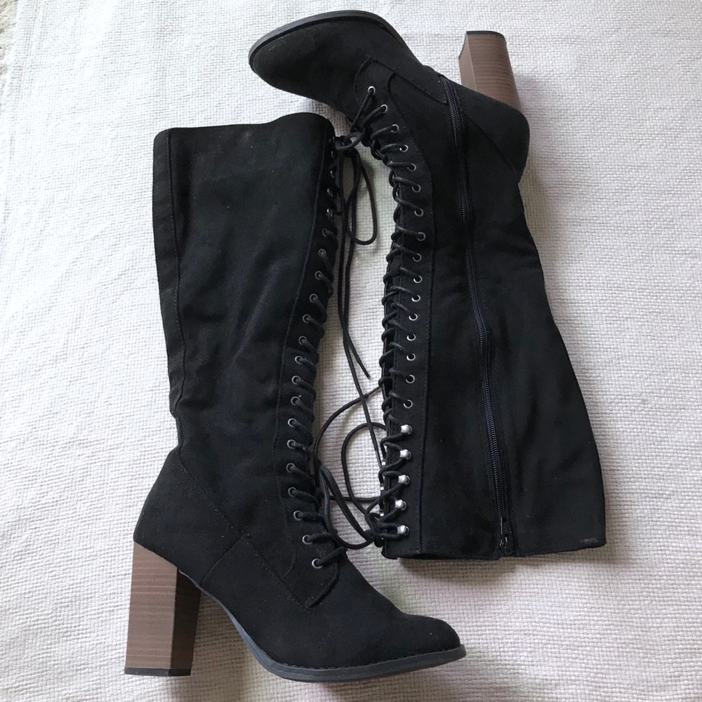 Black Lace Up Knee High Boots
